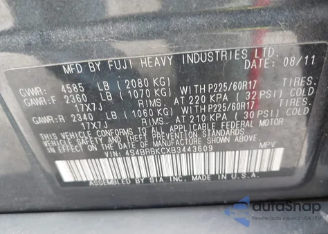 2011 Subaru Outback 2.5I Limited from USA, damaged, VIN 4S4BRBKCXB3443609